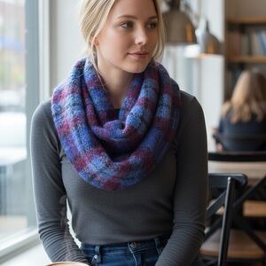 Fuzzy Plaid Infinity Scarf Blue Burgundy Cozy Winter Loop Scarf